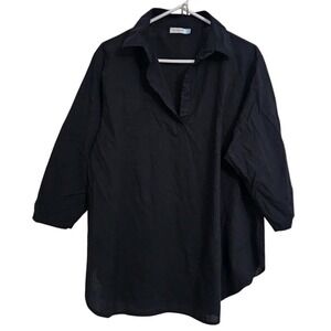 SERRA‎ Black Cotton 3/4 Sleeve Collared Tunic Shirt Top Women's Large  B61